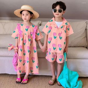 Ensembles de vêtements 2023 Été Frère Soeur Tenues Enfant Garçon Tulipe Imprimer Manches Courtes Chemise Shorts 2pcs Fille Bébé Doux Fleur Princesse Robe