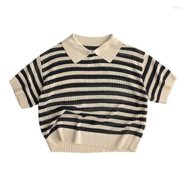 Ensembles de vêtements d'été pour enfants, t-shirts à manches courtes, polo en tricot à revers, vêtements Vintage rayés pour garçons et filles, 2023