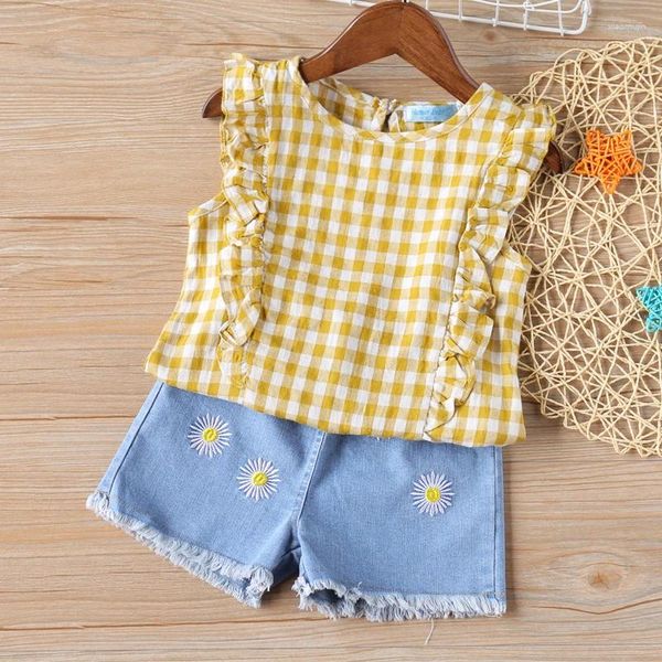 Conjuntos de ropa 2023 Summer Girl Set Plaid Sin mangas Top Denim Shorts 2pcs Niños Ropa para niños durante 2-6 años