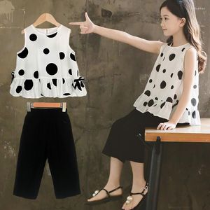 Ensembles de vêtements 2023 été enfants mode filles 2 pièces blanc point Blouse haut noir solide pantalon ensemble pour 2-8 ans vêtements