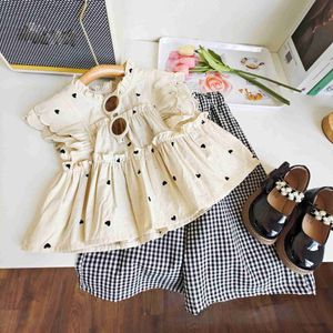 Kledingsets 2023 Zomer Nieuwe Meisjes Set Kanten Mouw Polka Dot Top Plaid + Wijde Pijpen Broek Tweedelige Set casual Baby Meisjes Kleding Pak