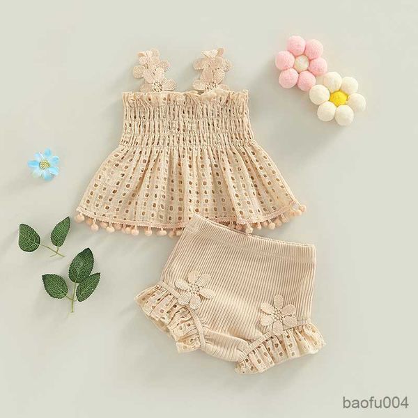 Ensembles de vêtements 2023 été nouveau enfant en bas âge bébé filles tenue solide plissé évider TopsandStretch Ruffle Shorts 2 pièces ensemble de vêtements R230518