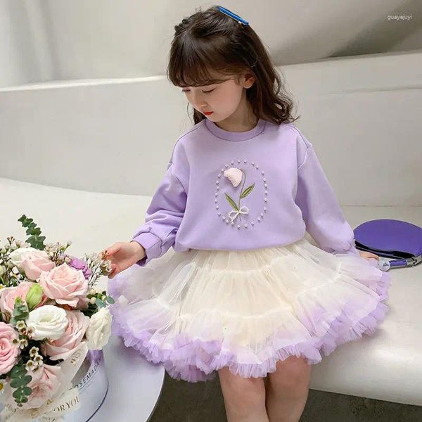 Ensembles de vêtements 2023 Girls Sweet Set Pred Flower Pullers TUTU JUTES PRINTEMP AUTUME ENFANTS BÉBÉ BANGE 2PICES AST