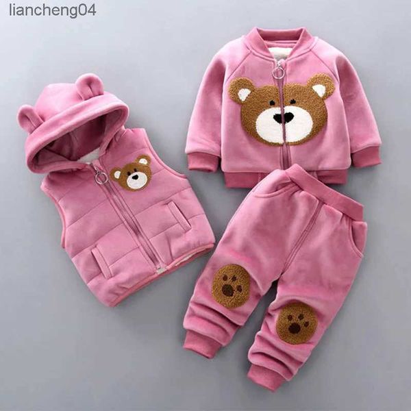 Conjuntos de ropa 2023 Conjuntos de ropa de invierno para bebés Otoño Algodón Grueso Cálido Suéter con capucha Dibujos animados Oso lindo Traje de tres piezas para niña 0-5 años