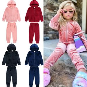 Conjuntos de ropa 2023 Esenciales de invierno para niñas pequeñas Ropa para niños Chándal de terciopelo dorado 2 piezas Conjunto con cremallera Abrigo Pantalones Sudaderas con capucha Trajes Traje 9M 13Y 231113