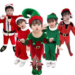 Ensembles de vêtements 2023 année Costume d'elfe pour enfants fille vert Costume de père Noël ensemble avec chapeau enfants fantaisie robe de fête de Noël Performance 231120