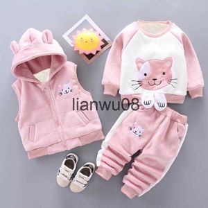 Ensembles de vêtements 2023Nouveaux vêtements pour enfants garçon fille bébé automne et hiver plus velours épaississement à capuche dessin animé chat trois pièces bébé costume 04Y x0828