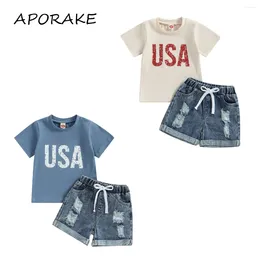 Sets de ropa 2024 0-3y 4 de julio Baby Boy Girl Clothes USA estampado de manga corta camiseta de mezclilla rasgada de mezclilla hermana hermana