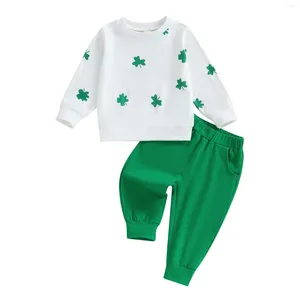 Kledingsets 2024 0-3Y Toddler Girls Boys Long Sleeve Four Leaf Clover Print Sweatshirt Green Casual Pants Baby Spring Outfits