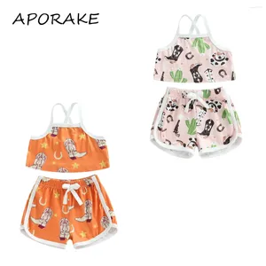 Ensembles de vêtements 2024 0-4y Toddler Girl 2pcs Summer Summer Western Imprime sans manches Spaghetti STRAP COMPORTS COMPOSS