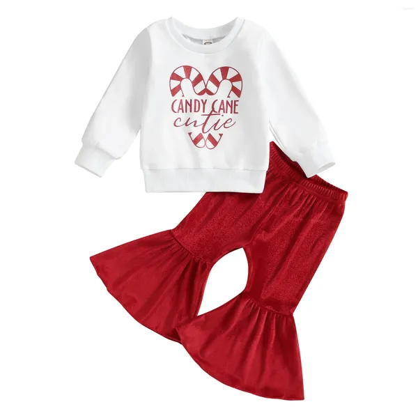 Ensembles de vêtements 2024 0-4y Toddler Girls 2pcs Tenues de Noël Imprimé à manches longues Sweatshirt et pantalon Flare Velvet Set Costume Costume Costume