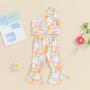 Kledingsets 2024-01-29 Lioraitiin Peuter Baby Meisje Zomerkleding Eén-schouder Crop Top T-shirt Bloemen Uitlopende Broek Bell Bottoms Set