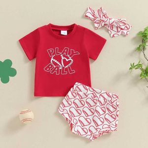 Kledingsets 2024-04-05 Lioraitin Baby Girls Summer Set Letter Gedrukt T-shirt met korte mouwen en hartdrukte korte mouwen schattige hoofdbandset J240518
