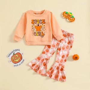 Ensembles de vêtements 2024-06-27 Lioraitiin 0-5 ans enfant en bas âge filles Halloween vêtements lettres imprimer sweat avec ensemble de pantalons évasés de citrouille