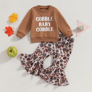 Ensembles de vêtements 2024-07-15 6M-4T Lioraitiin bébé fille Thanksgiving tenues à manches longues lettre impression hauts dinde Flare pantalon ensemble enfant en bas âge