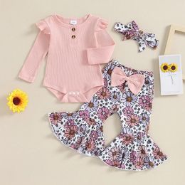 Ensembles de vêtements 2024-10-19 Lioraitiin 0-18M Born Baby Girl Automne Vêtements d'hiver Frill Romper Pantalon évasé Bandeau Bell-Bottoms Set Outfit