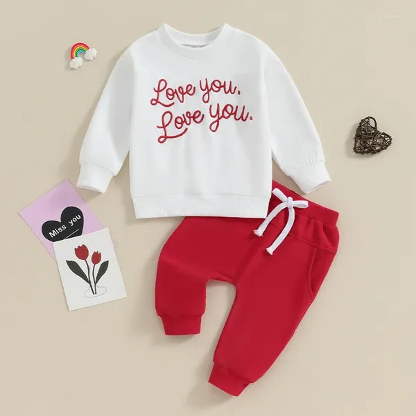 Conjuntos de ropa 2024-11-27 Lioraitiin Ropa para el Día de San Valentín para niño pequeño, sudadera de manga larga con bordado de letras y pantalones de Color sólido