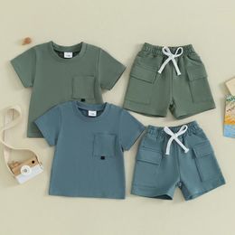 Ensembles de vêtements 2024-12-18 Lioraitiin 0-3Y enfant en bas âge bébé garçon fille tenues d'été vêtements de couleur unie short de poche et ensemble haut