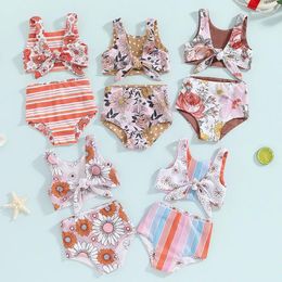 Ensembles de vêtements 2024-12-20 lioraitiin bébé girl girl maillots de bain à étage floral rayé tankini nouée et shorts élastiques