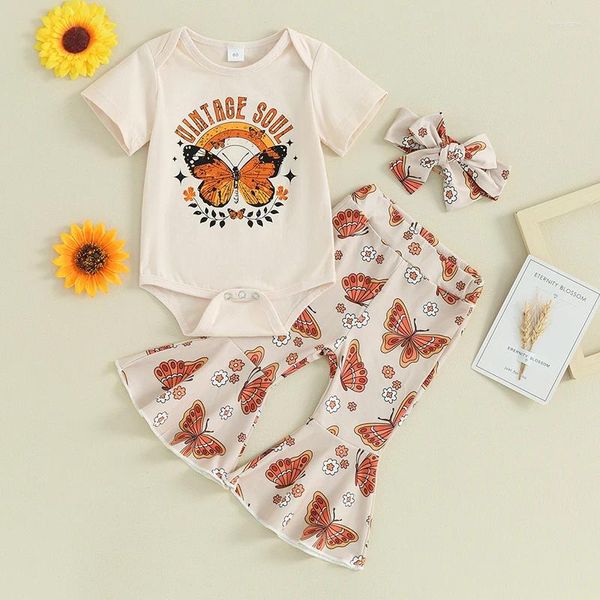 Conjuntos de ropa 2024-12-30 Lioraitiin Baby Girl Outfit Butterfly Soul Vintage Slewe Short Sleeve Softar Pants Dademista de verano