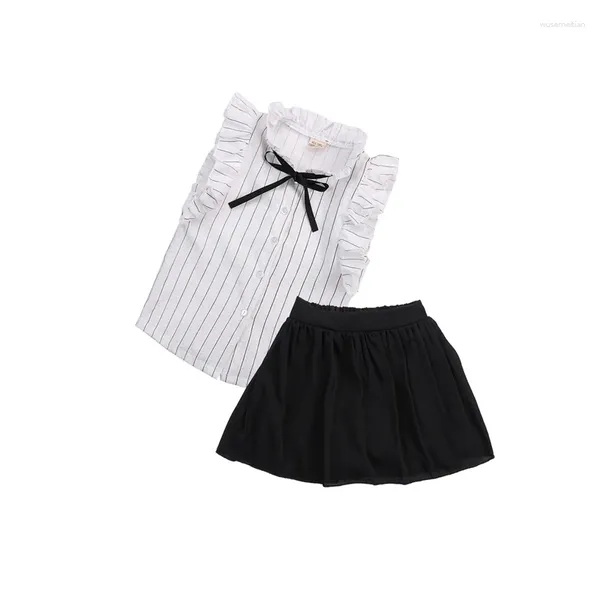 Ensembles de vêtements 2024 2-7Y mignon formel né bébé fille princesse sans manches col rabattu simple boutonnage chemise rayée hauts jupe noire 2pcs