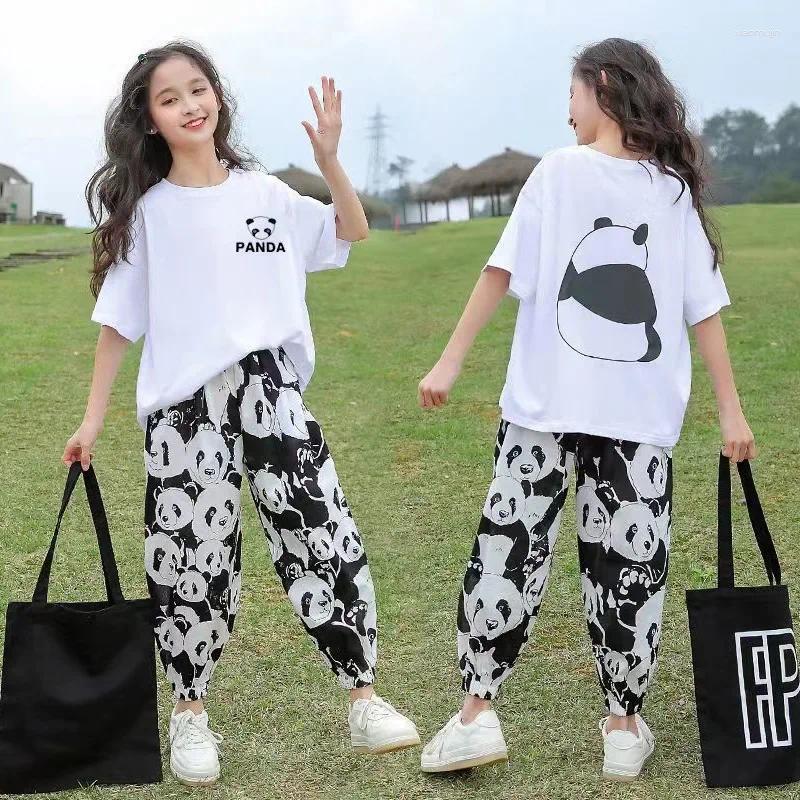 Kläderuppsättningar 2024 Autumn Kids Casual White Children Set Girls Clothes Short Panda Loose T-Shirt Ankel-Tie Pants Teens 5 6 11 12 Year Spring