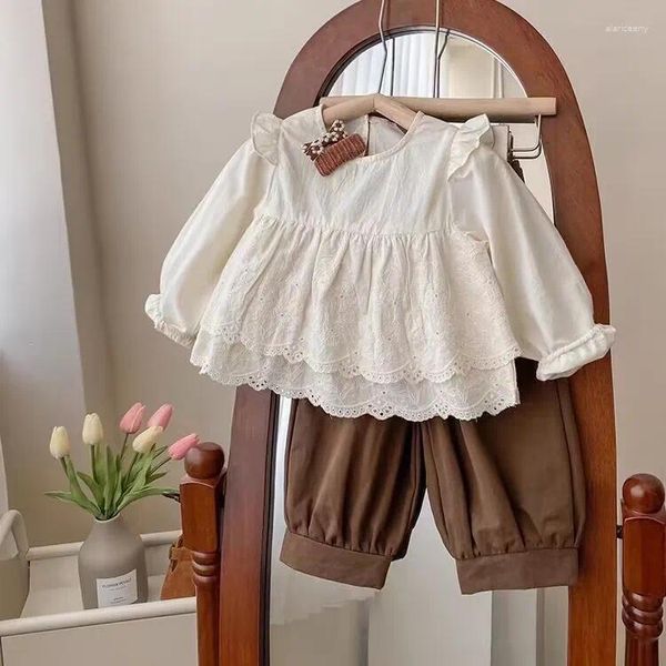 Conjuntos de ropa 2024 otoño coreano niños bebés niñas 2 piezas conjunto de ropa de algodón de manga larga blusas de encaje pantalones casuales traje niño Outifts