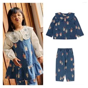 Ensembles de vêtements 2024 automne/hiver KS filles chat imprimé haut en jean pantalon et robe ensemble évider chemise en pouces vêtements pour enfants