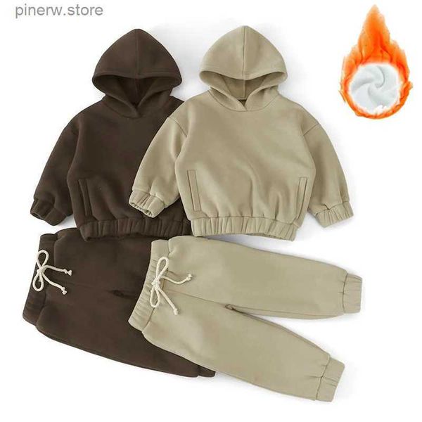 Ensembles de vêtements 2024 automne/hiver nouveaux enfants couleur unie polaire à manches longues ensemble de sport garçons et filles pull à capuche pantalon deux pièces ensemble