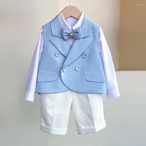 Ensembles de vêtements 2024 Costume bébé garçon Costume Gilet bleu Short blanc Cravate Bow Set Enfants 1 2 3 4 ans Robe de fête d'anniversaire Boutique Costume