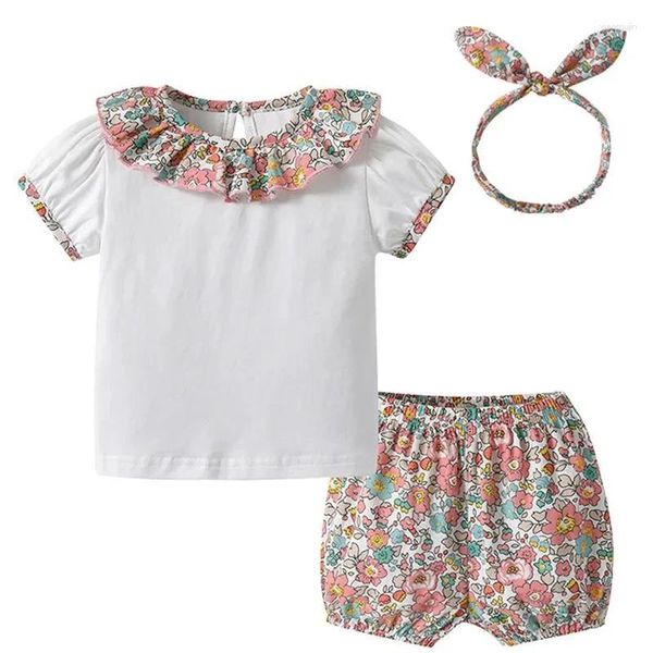 Ensembles de vêtements 2024 T-shirt d'été bébé fille et short chouchou à manches courtes décontractées à manches blanches florales avec couvre-chef 3 pcs