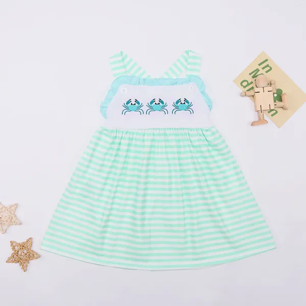 Ensembles de vêtements 2024 Baby Girls 1-8T Robe Vert One Piece Crab Broderie Vêtements Dentelle Body Jupe Douce Bluey Stripes Tenues Enfant en bas âge