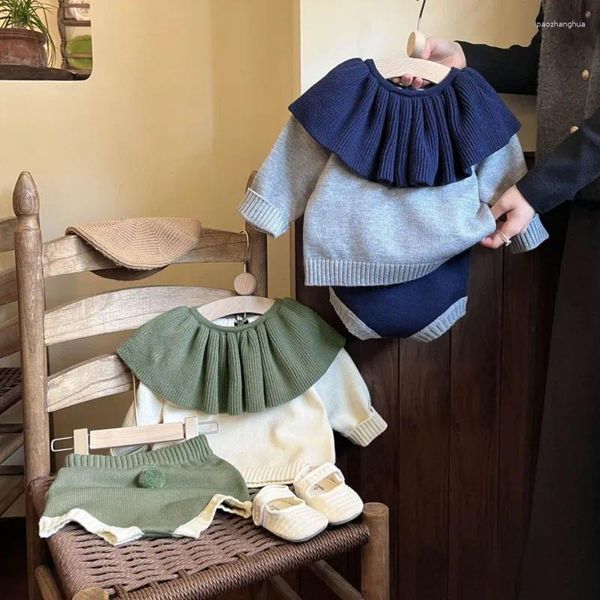 Sets de ropa 2024 Baby Girls Knit Set Elegant 2 PCS Trajes Grandes volantes Sweaters Lindos pantalones cortos nacidos Niños de punto de invierno de otoño