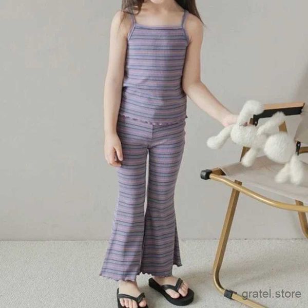 Ensembles de vêtements 2024 Bébé Girls Summer Suit Ice Silk Thin Childrens Striped Camisole Bell Pantal