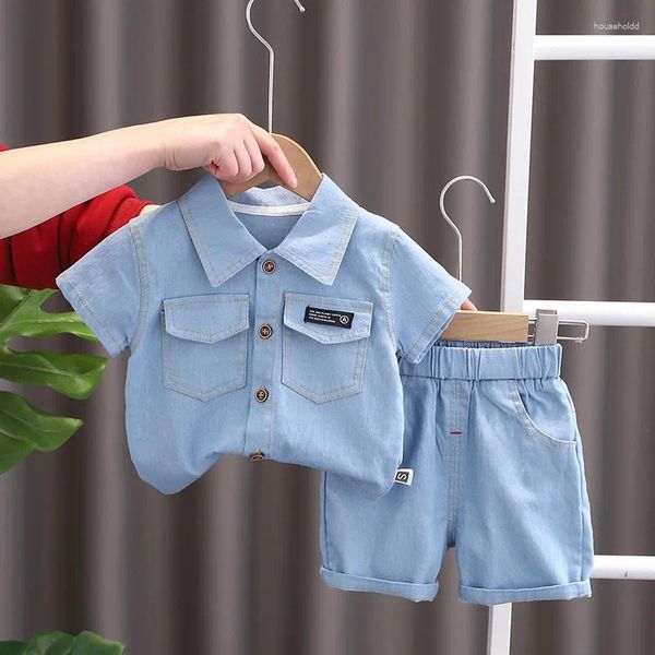 Conjuntos de ropa 2024 Conjunto de moda para niños Solapa de manga corta Pantalones vaqueros de bolsillo Traje de verano Camisa para niños Pantalones casuales de dos piezas 12M-5 años