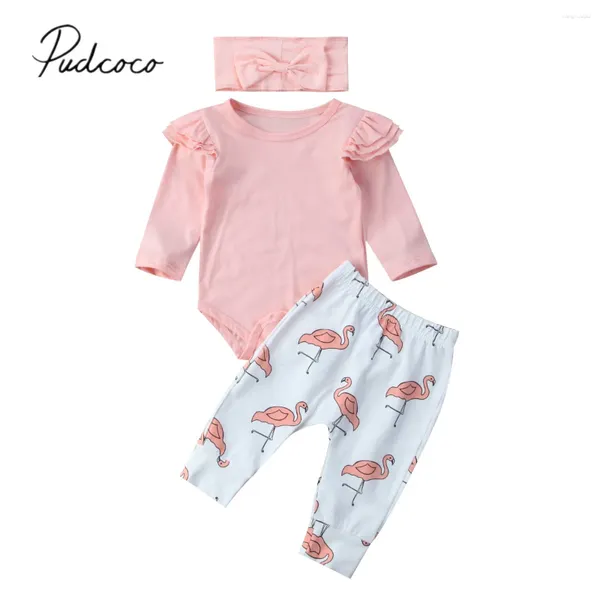 Conjuntos de ropa 2024 Marca Infantil Niño Nacido Bebés Mameluco Tops de manga larga Pantalones de flamenco Diadema 3PCS Conjunto de ropa Trajes 0-18M