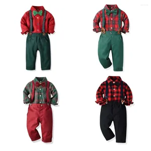 Kledingsets 2024 Kerstoutfits voor kinderen Rode en zwarte geruite vlinderdas Buffalo-shirts met riembroek Eerste verjaardag jongenskleding Peuter