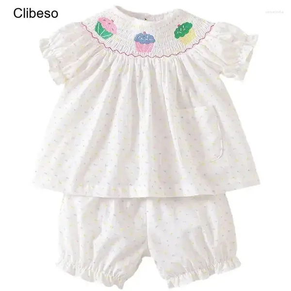 Juegos de ropa 2024 Clibeso Summer Niños Baby Baby Sleewer Smocked Smocked Pastel Made Hand Smoking Camisa de ropa para niños Top y pantalones
