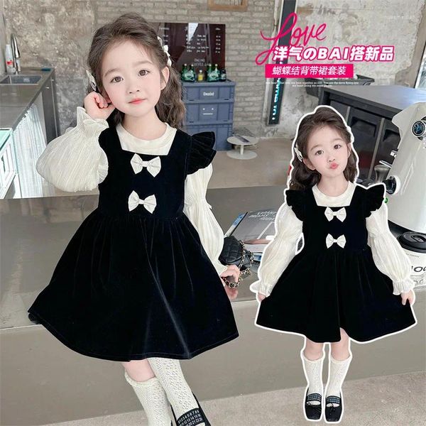 Sets de ropa 2024 Girls Baby Spring Spring Autumn Set Velvet Mangas volantes Vestidos Camas de hojaldre Elegante 2 PCS Suites Niños Niños Cloth