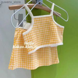 Ensembles de vêtements 2024 Girls Clothes Kids Sets Plaid Susntens Jupe Two-Piece Suit Baby Cute Sans Sans Sans Childrens Costumes Summer Y240415