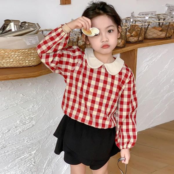 Ensembles de vêtements 2024 Girls Spring Fashion Tenues Collier de poupée Blouse à plaid rouge et noir irrégulier culottes pour enfants Vêtements