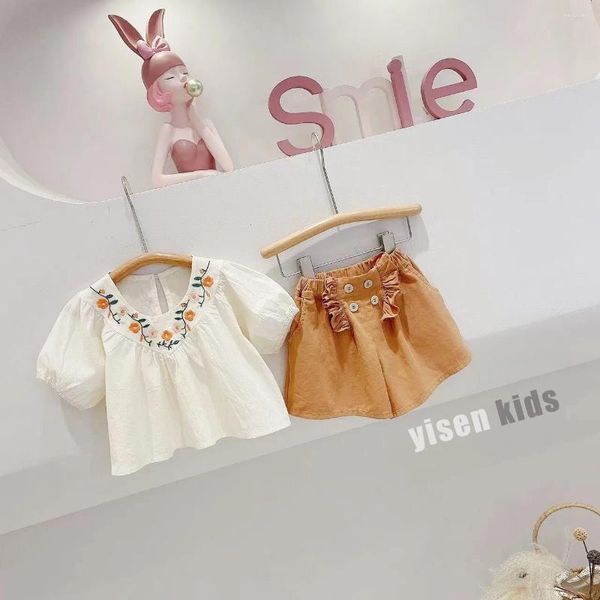 Ensembles de vêtements 2024 Girls Summer Co dans l'édition coréenne Baby Doll Short Filt Two Pieces Toddler Girl Sweet Gente Vêtements