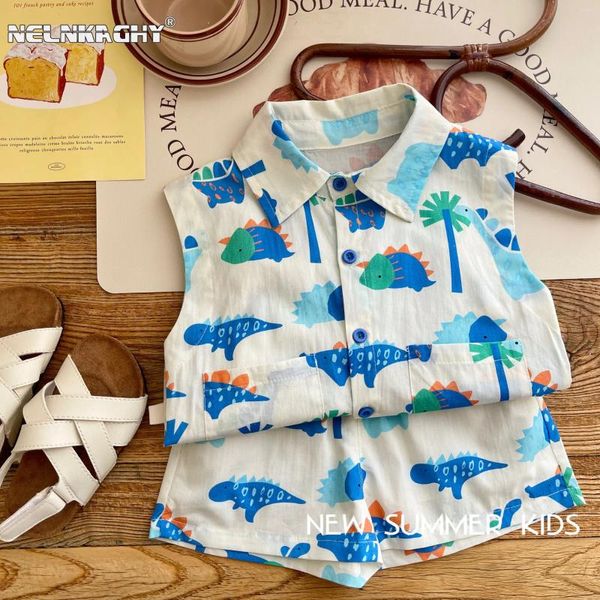 Ensembles de vêtements 2024 Enfants Bébé Mode 2 pièces Vêtements de plage d'été Ensemble pour enfants en bas âge Garçons: Short de chemise imprimée sans manches