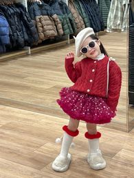 Sets de ropa 2024 Niños Girls Ropa de lana roja Cardigan suéter y Star Gold Tuts Tutu Tutu Skirt Set