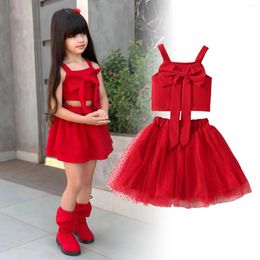 Kledingsets 2024 Kindermeisjes Kleding Valentijnsdag Outfits Set Red Baby Girl Rok Dress Crop Tops met boog gaas tutu rokken 1-6y