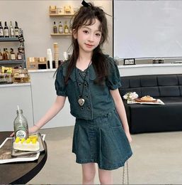 Ensembles de vêtements 2024 Korea Style Girls 2 PCS Denim Set Shirt Jirt de bonne qualité Suit de mode d'été 4-12T F632