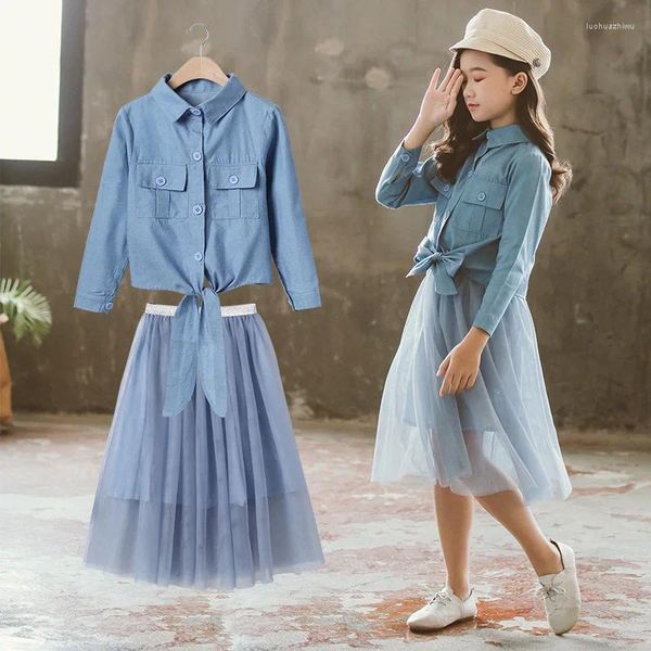Conjuntos de ropa 2024 Coreano Primavera Otoño Niños 2 piezas Niña Camisa vaquera Rebeca para niño Top Falda de malla para niños Vestido acolchado para
