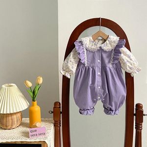 Ensembles de vêtements 2024 printemps coréen bébé filles 2pcs vêtements ensemble coton floral chemises à manches longues violet jarretelles pantalons costume tenues pour bébés