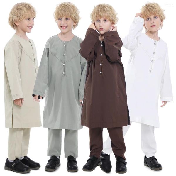 Ensembles de vêtements 2024 Enfants musulmans Jubba Thobe Garçon arabe Enfants Abaya Ramadan Robe Pantalon Ensemble 2 pièces Caftan Robe Kaftan Musulman Ensembles