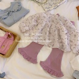 Ensembles de vêtements 2024 printemps automne enfants filles 2 pièces ensemble de vêtements coton chemises à fleurs en vrac solide pantalon évasé costume enfants bébé tenues